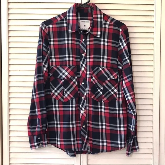 Zara Womens Plaid Shirt Medium Red Navy Long Sleeve Casual Collared Snap Button - Picture 9 of 9